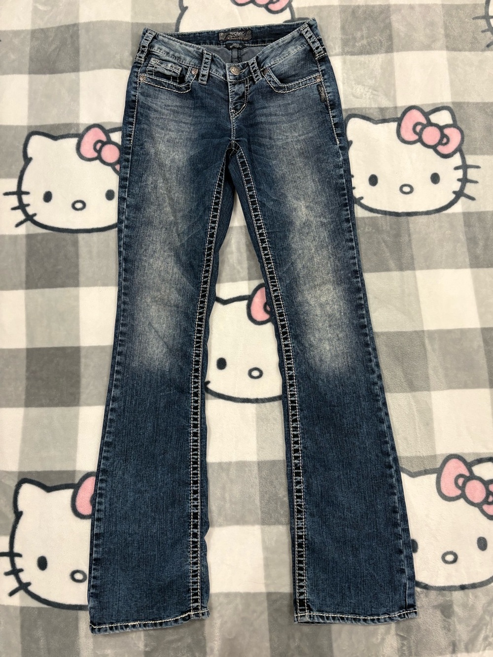 Silver Jeans Aiko Bootcut Y2K Low Rise Embellished Dark Wash Jeans